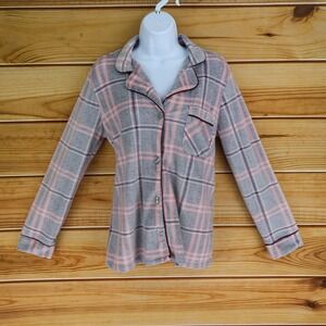 Joyspun Pajama Top Button-Up Long Sleeves Womens Sz M Gray Pink Plaid Super Soft